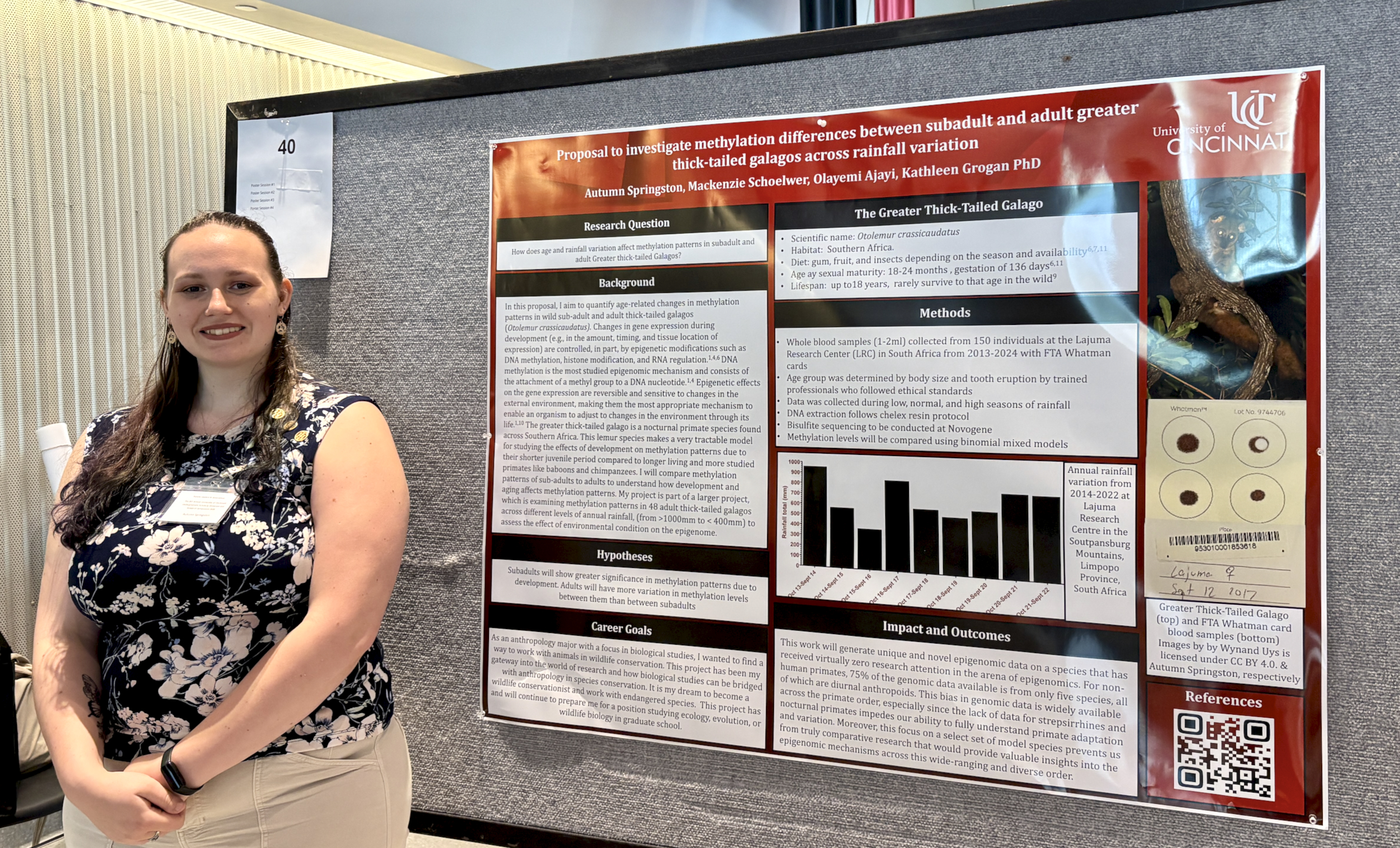 Young college woman stands in front of a large poster at a UC biological symposium.
